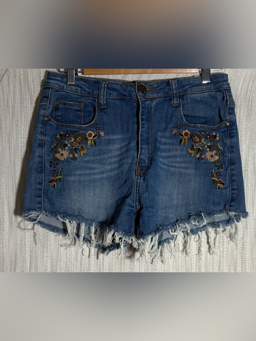 Machine Blue Denim Embroidered Frayed Hem Shorts